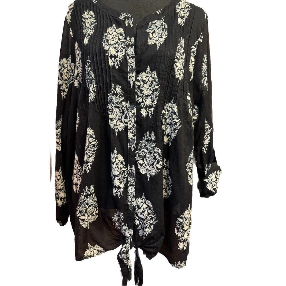 Lucky Brand Blouse 2X Womens Semi Sheer BlackTop Coastal Casual Lagenlook Beach